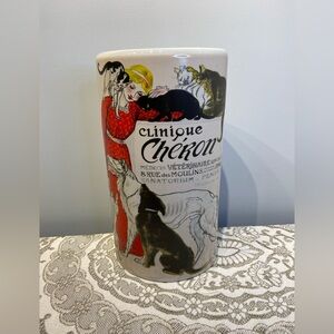 Ceramic Umbrella Stand/Cane Holder/Tall Vase with French Veterinary Advertising